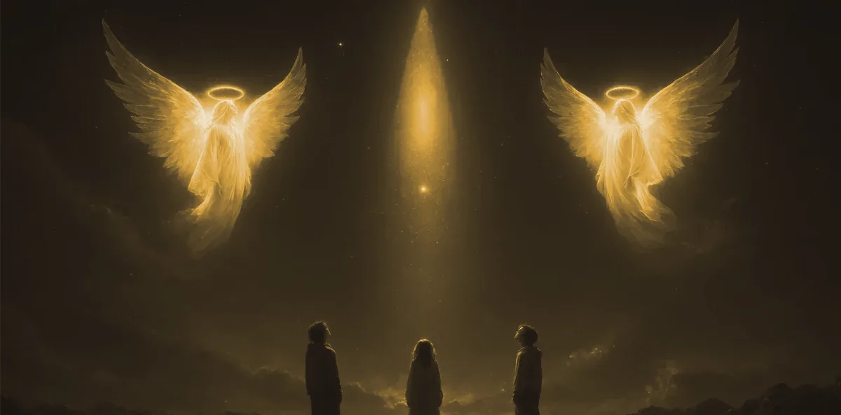 Two golden angels either side of a beam of light