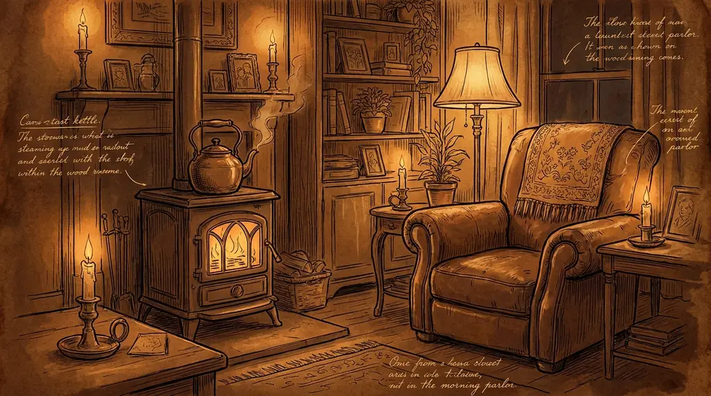 Maxie's reading room: an armchair by the lamp, the stove lit, candles on the table